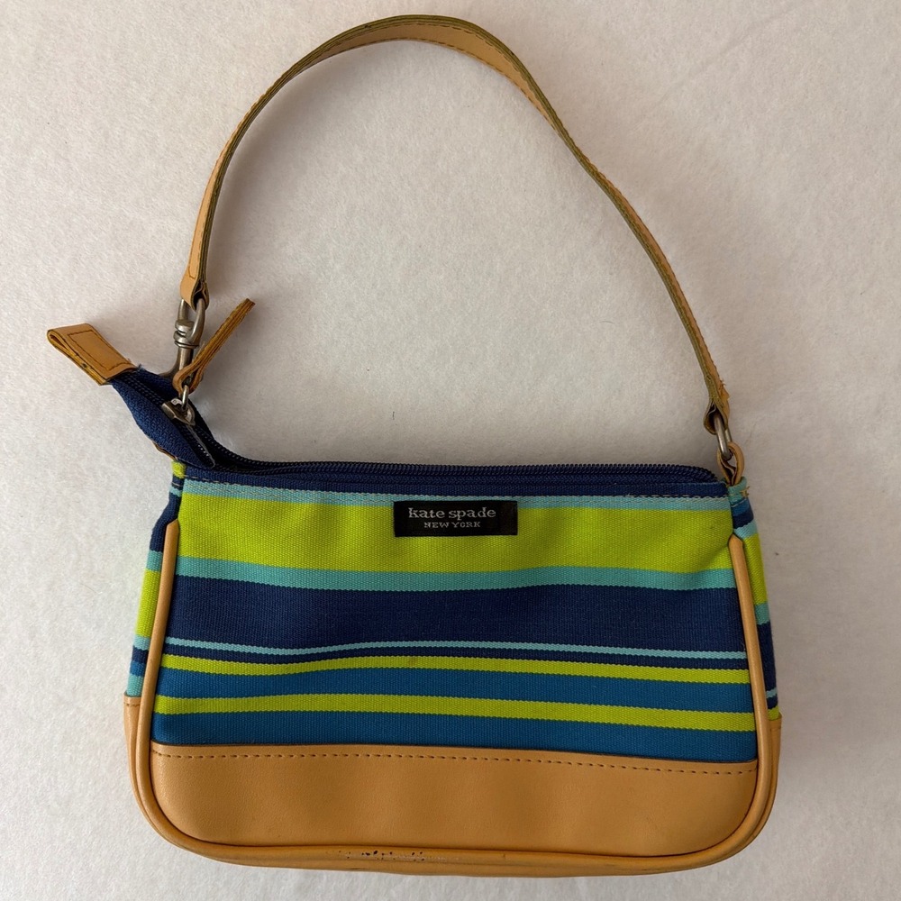 Kate Spade New York Striped Canvas Leather Small Shoulder Bag Blue Green Tan